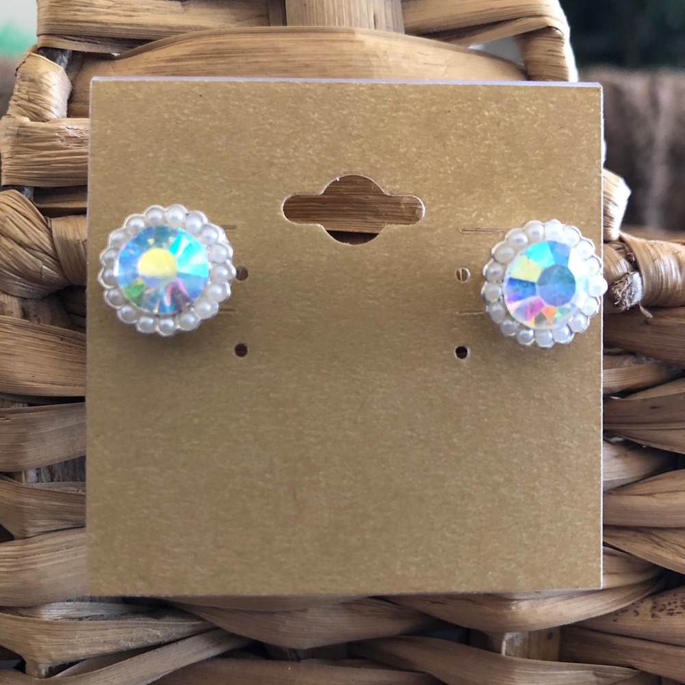 Faceted aurora borealis and faux pearl earrings